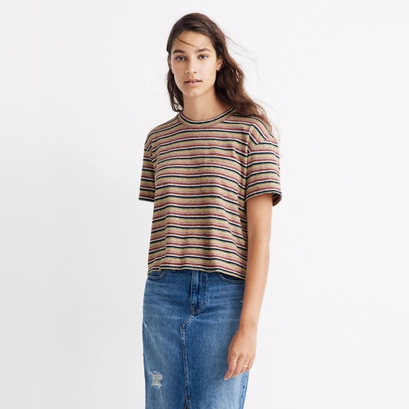 Madewell Textured Easy Cropped Tee Striped Cotton Blend S - Picture 1 of 9